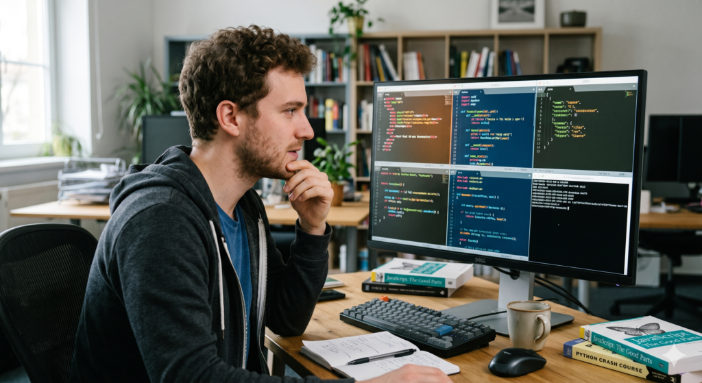 A developer looking at a computer screen displaying various code file formats