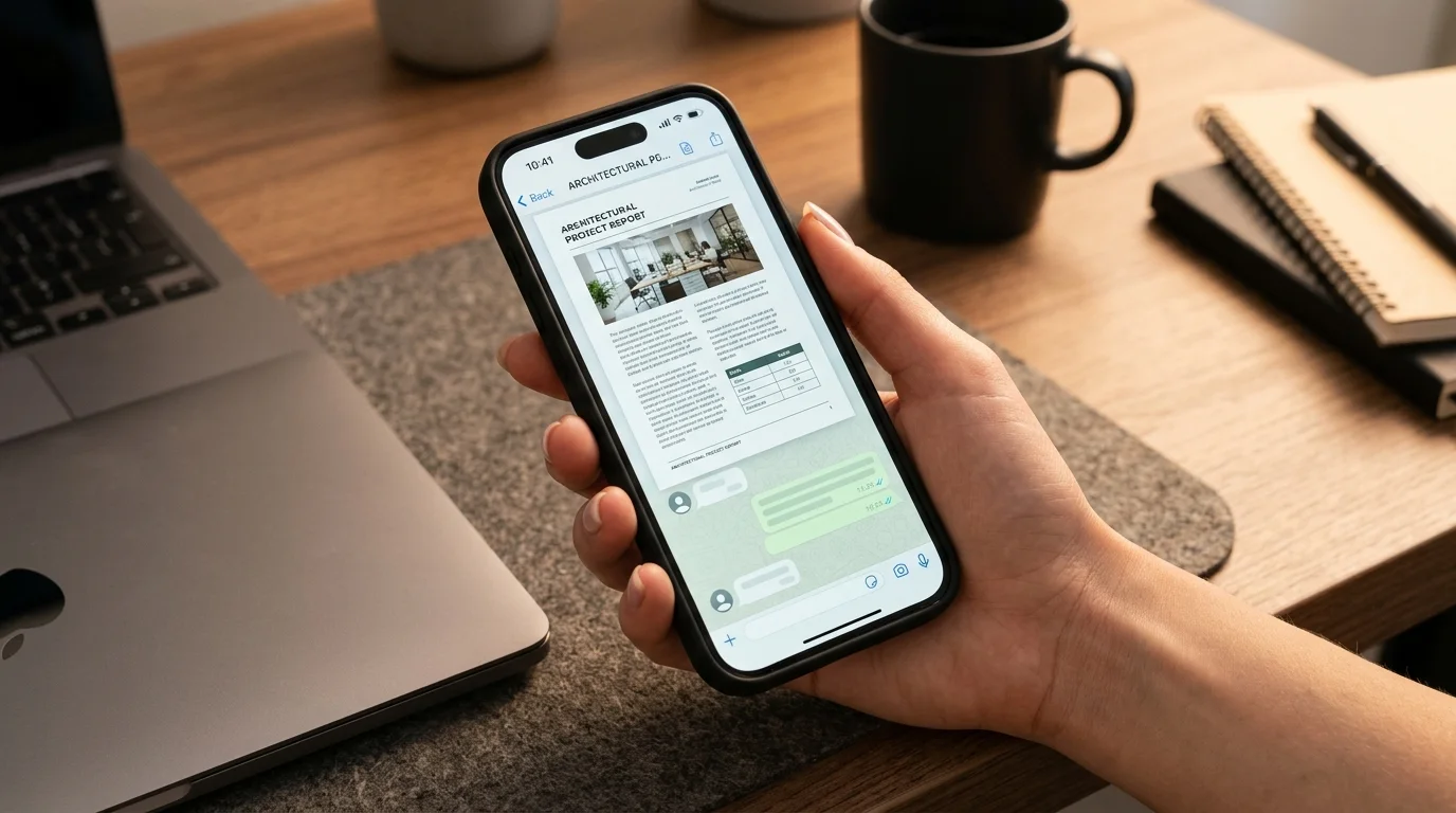 Smartphone screen displaying WhatsApp images being converted into a PDF document on a modern desk setup.